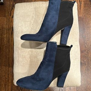 Navy blue suede and black booties